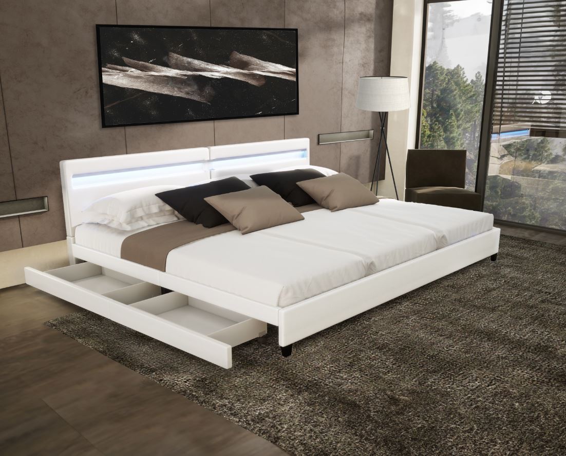 HOME DELUXE LED Bett Nube mit Schubladen 270x200cm - versch. Ausführungen - ohne Matratze - Weiß
