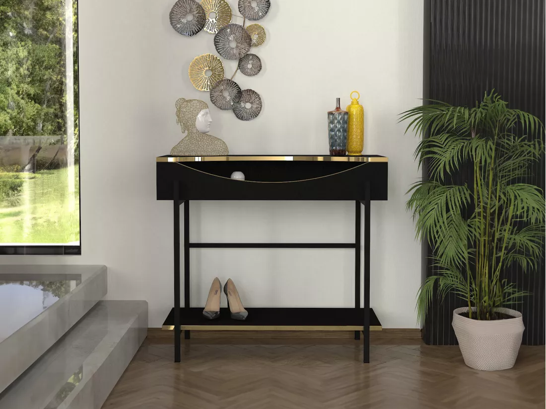 Console avec 1 étagère et 1 niche - Noir et Doré - MERIOVA