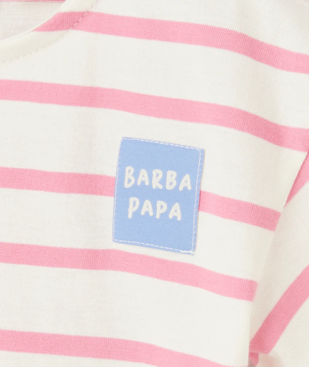 T-SHIRT BÉBÉ FILLE EN COTON BIO RAYÉ ROSE AVEC PATCH BLEU