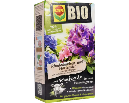 COMPO BIO langzaamwerkende meststof voor rododendrons en hortensia's met schapenwol, 100% natuurlijke ingrediënten, 2 kg, 5 maanden langdurig effect