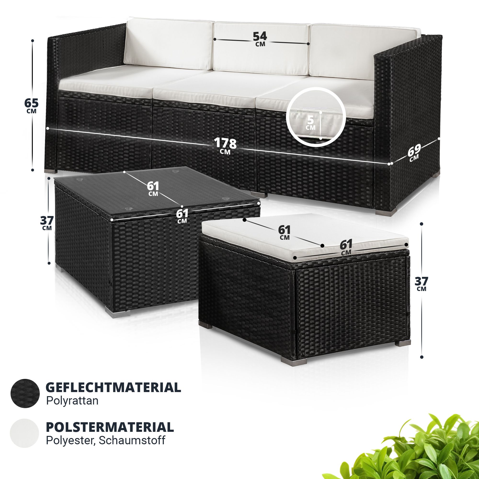 Juskys Polyrattan Lounge Punta Cana M schwarz für 3-4 Personen – Sofa, Tisch & Hocker