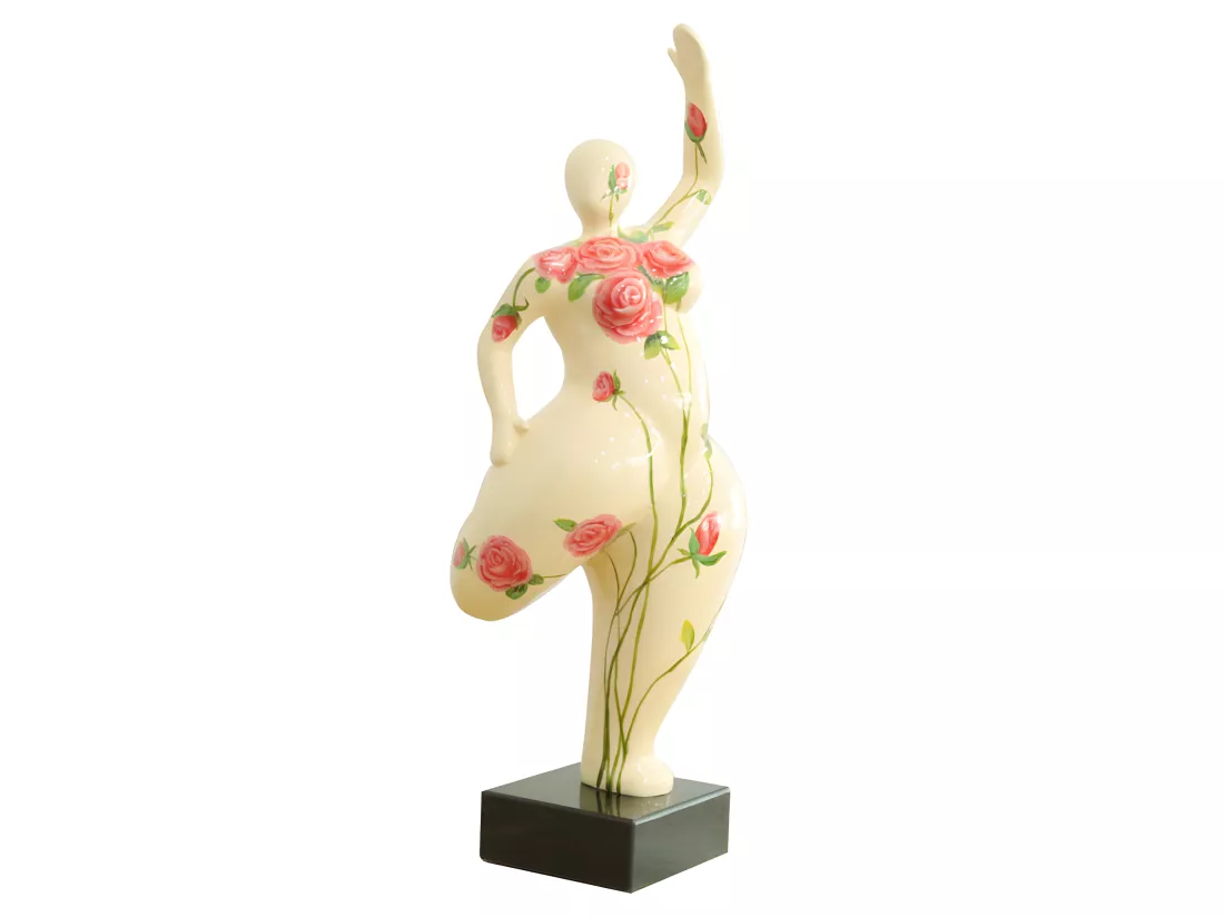 Statue femme jambe pliée beige avec fleurs roses H60 cm - LADY ROSE