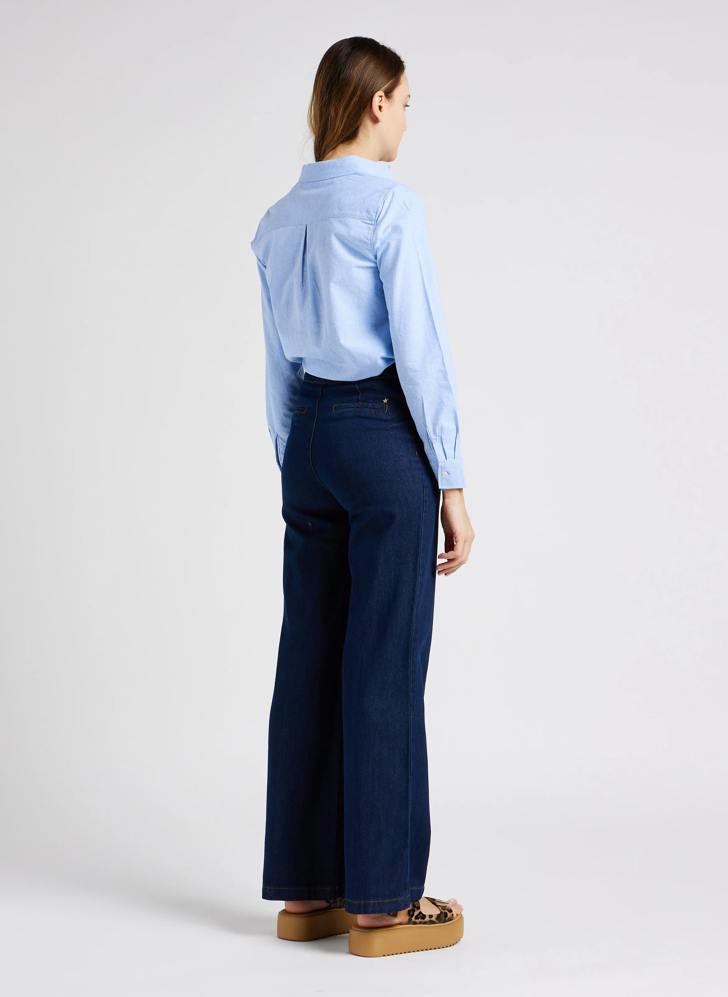 PAULA - Pantalon flare en coton mélangé| Bleu