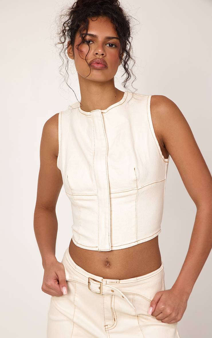 Ecru Crop Top En Denim Avec Détail Ceinture