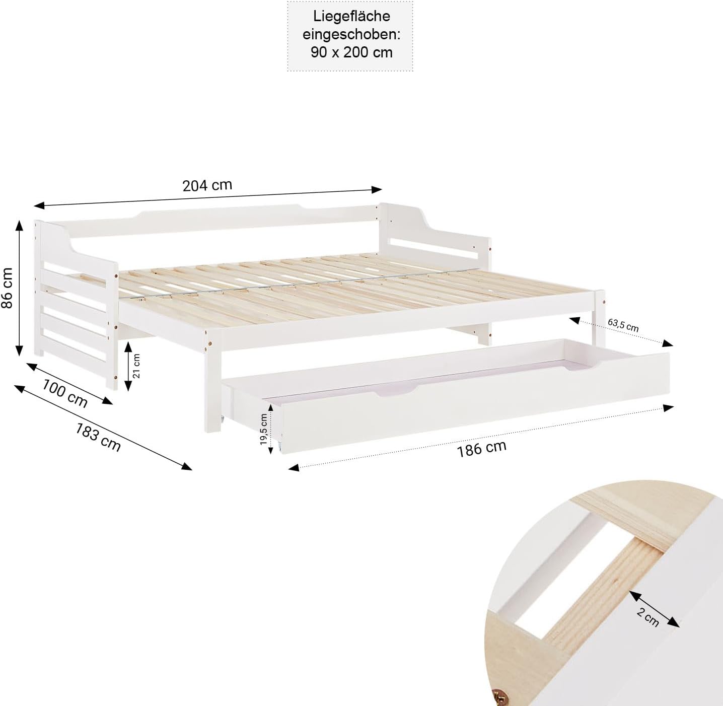 Homestyle4u Kinderbett Einzelbett Holzbett Tagesbett 90x200 ausziehbar Weiß mit Schublade Lattenrost Ausziehbett Kiefer massiv Holz