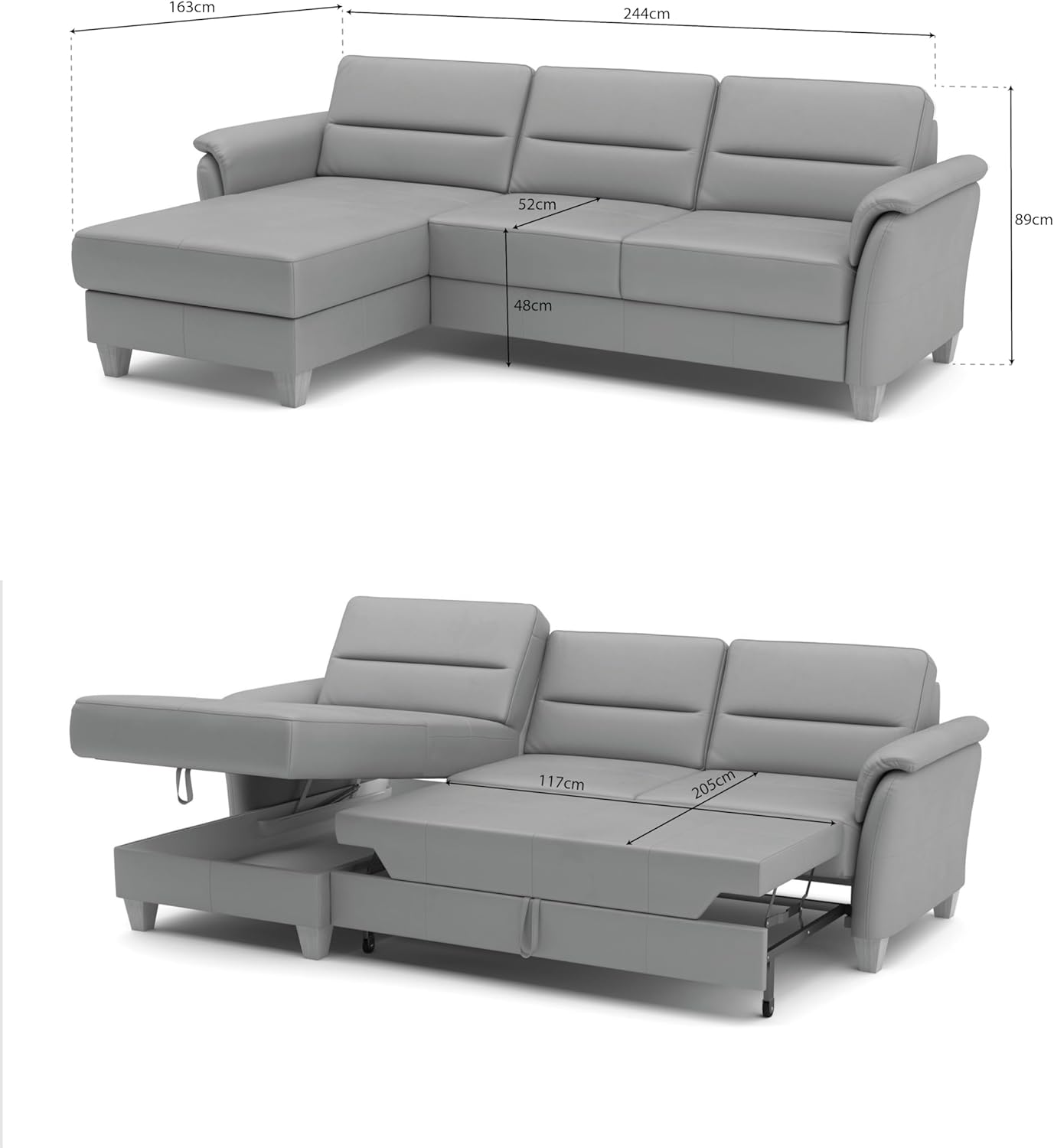 CAVADORE Leder-Eckcouch Palera mit Longchair / Landhaus-Sofa mit Federkern, Bettfunktion + Bettkasten / 244 x 89 x 163 / Leder Schwarz
