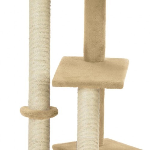 Arranhador bege para gatos com hastes de sisal.