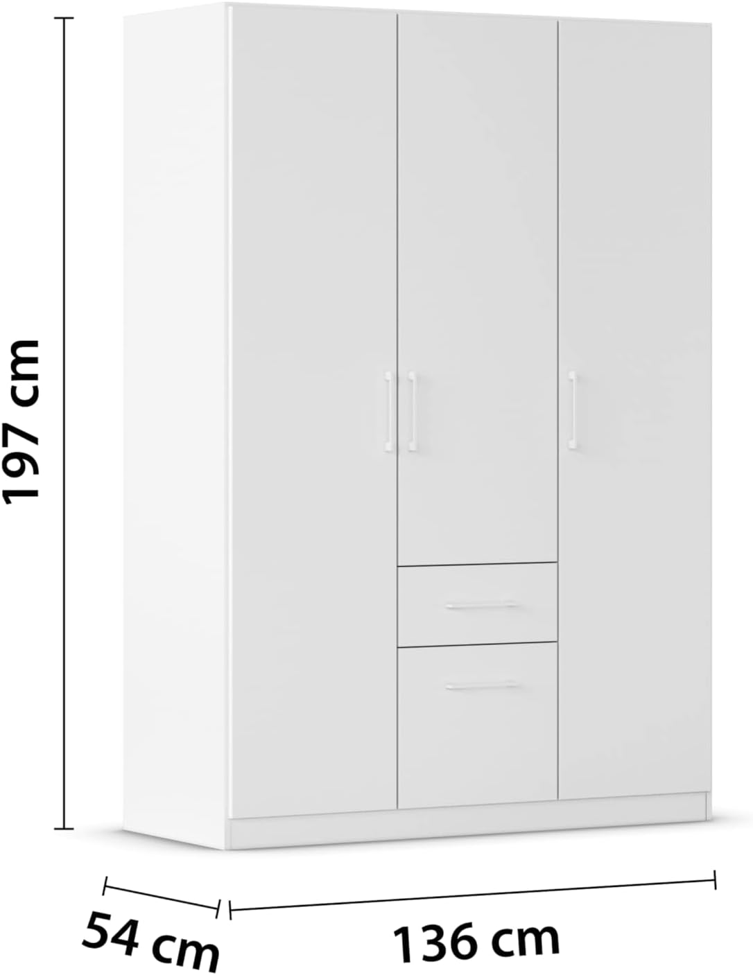 Rauch Möbel Glasgow Drehtürenschrank, Kleiderschrank, Schrank, Garderobe 3-türig, 2 Schubladen, Farbe Weiß, Griffprofil Weiß, 136x197x54cm