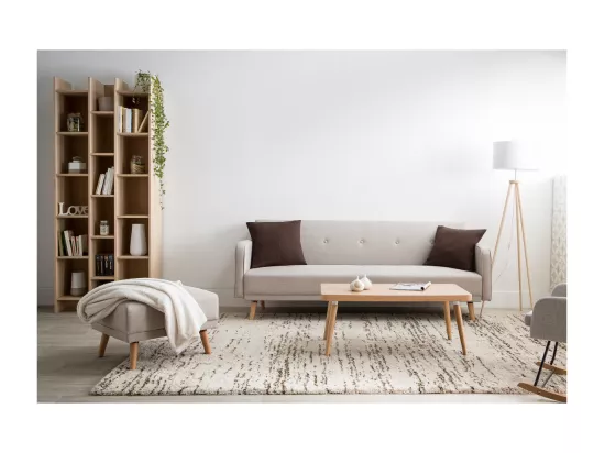 Pouf repose-pieds scandinave en tissu beige et bois clair ULLA