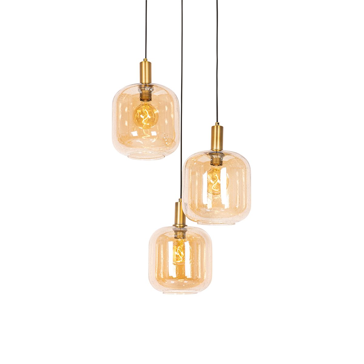 Design hanglamp zwart met messing en amber glas 3-lichts - Zuzanna