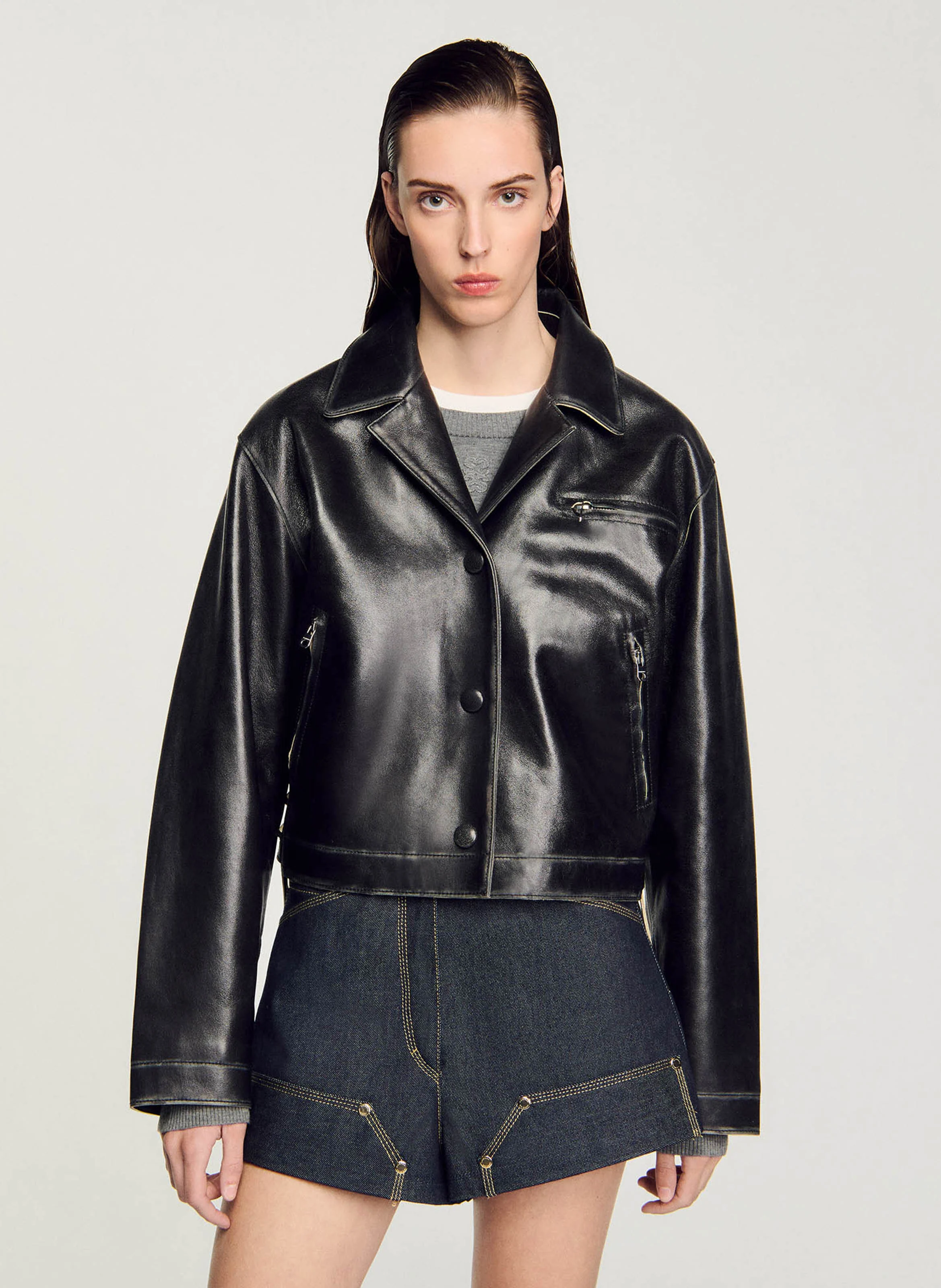 Blouson en cuir vieilli | Noir