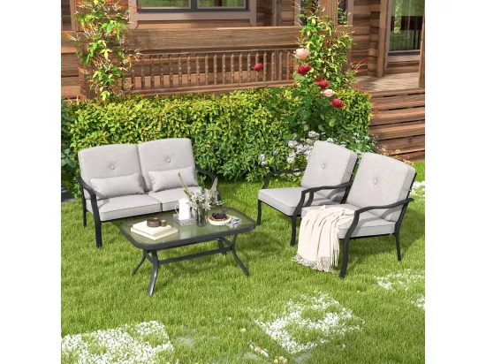 Salon de Jardin 4 Pièces avec Table Basse en Verre Trempé et Coussins Charge 300KG, Ensemble de Canapés de Terrasse avec Cadre Métallique 4 Places, pour Patio Balcon Terrasse