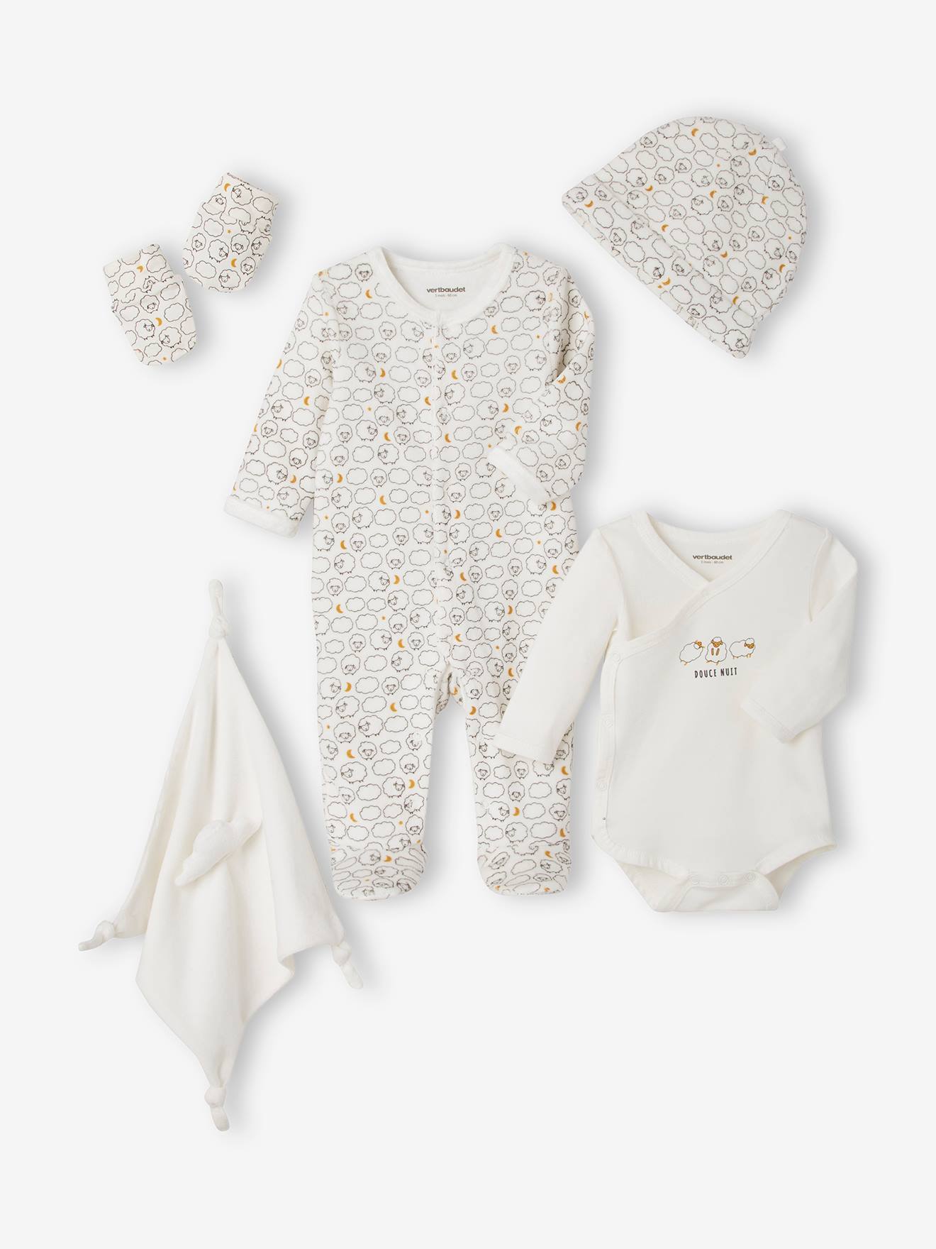 Conjunto para recém-nascido com 6 peças e sua mala leve branca estampada.