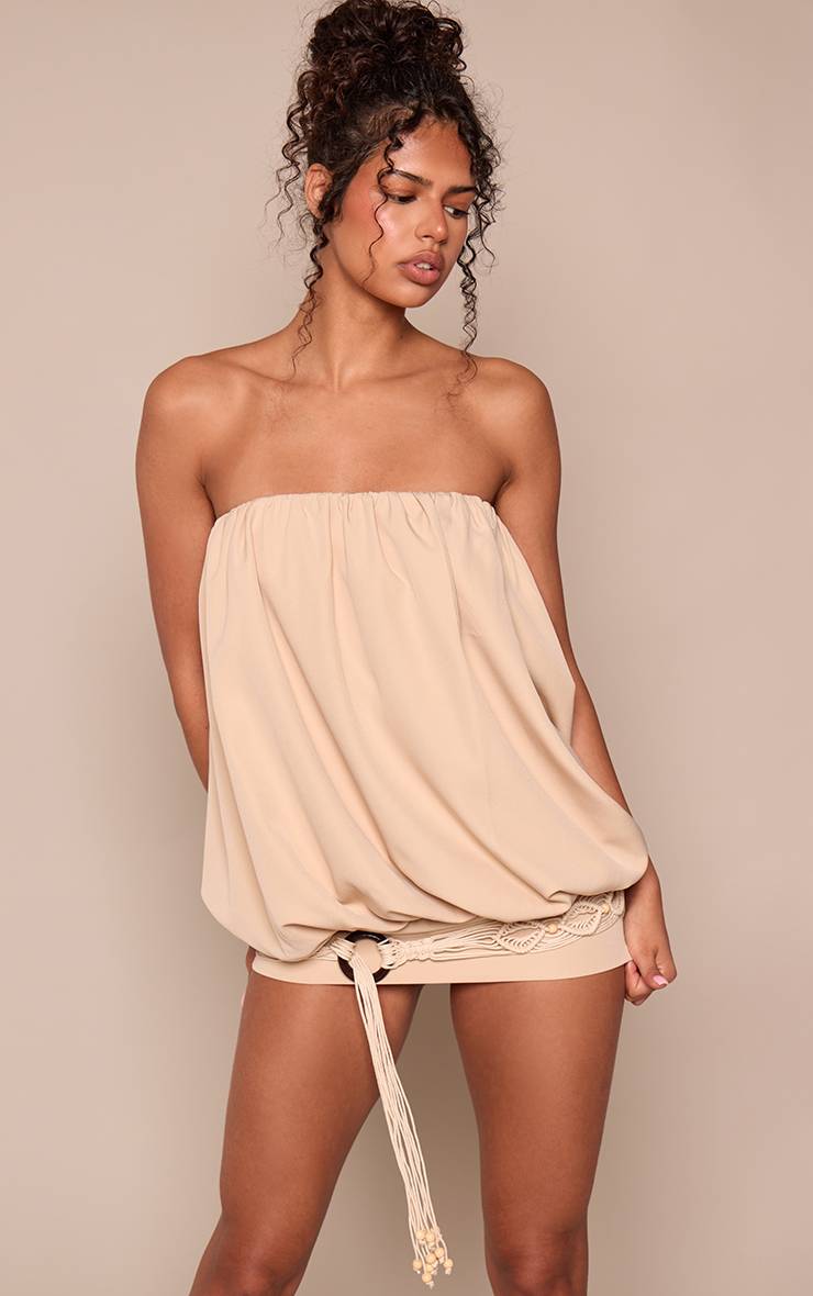 Crème Robe Mini Bustier Tissée Avec Ceinture Corde