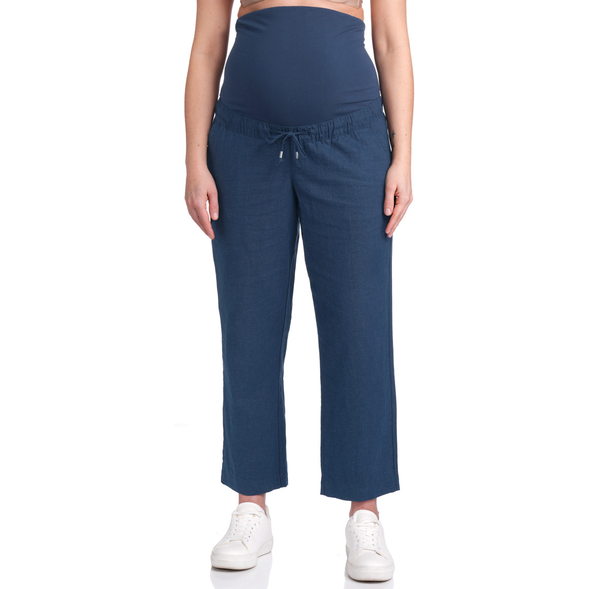 Gina Mama Damen Leinen-Umstands-Hose mit Bindeband dunkelblau