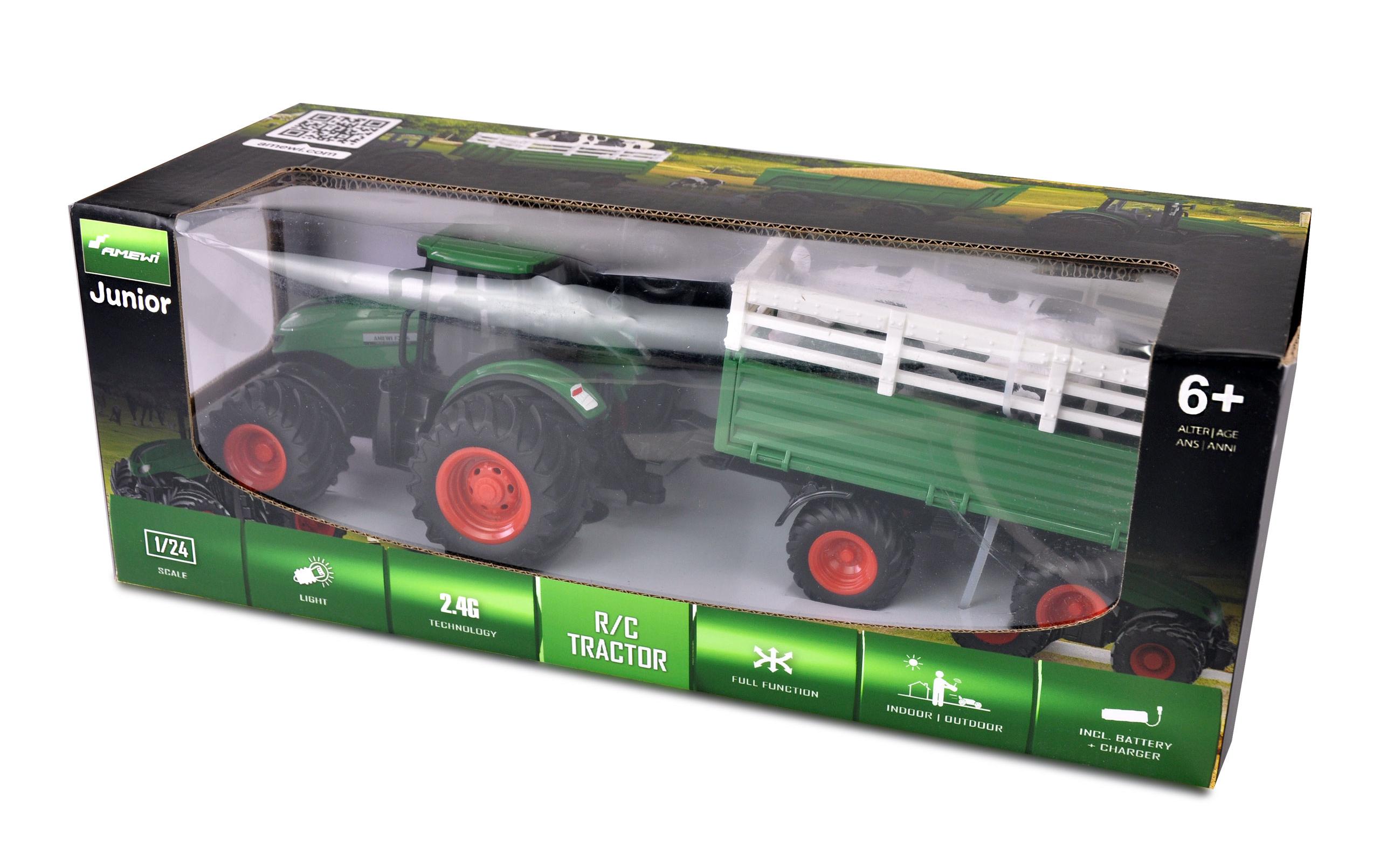 Traktor mit Viehtransporter, Grün 1:24, RTRFerngesteuerter Traktor mit Licht und Sound