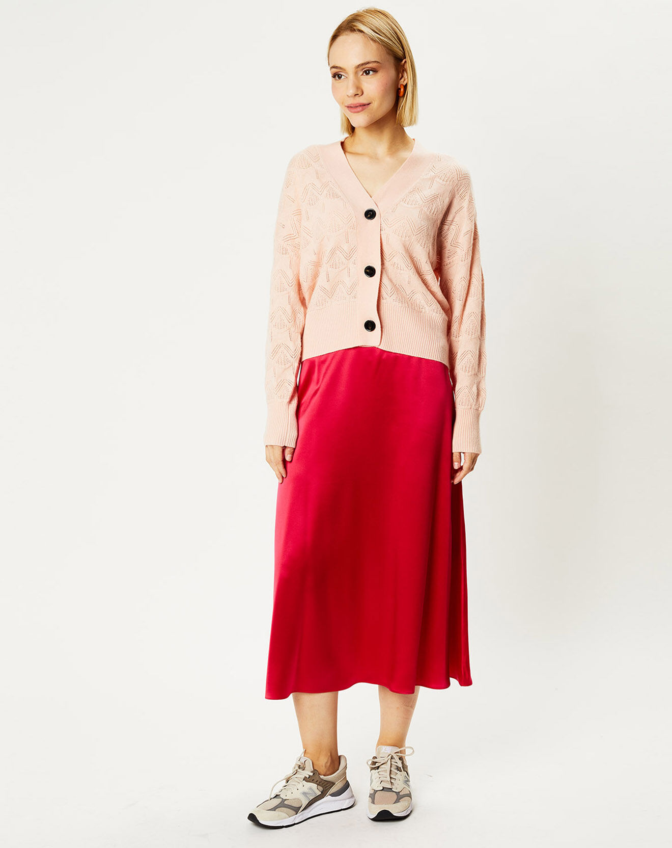 Galeries Lafayette Cardigan en Laine & Cachemire Fabiola ajouré col V rose clair