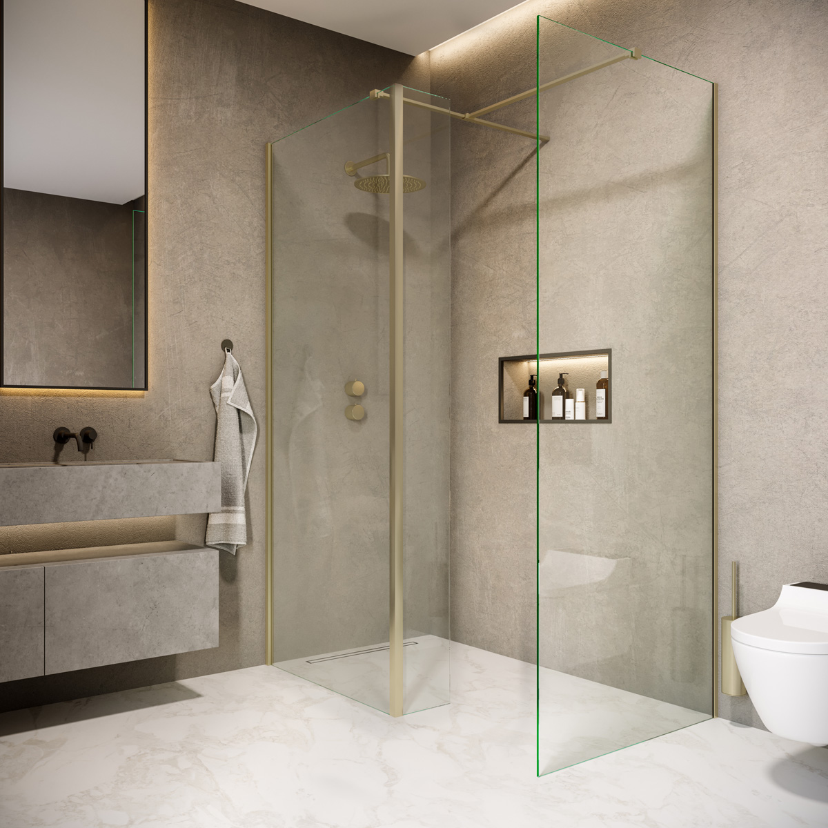Saniclear Rivo inloop douchecabine 180x80cm met 40cm zijwand en 60cm vrije inloop geborsteld messing - mat goud