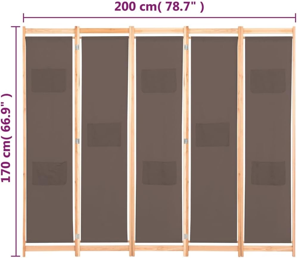 vidaXL Holz Raumteiler 5-TLG. Paravent Trennwand Umkleide Sichtschutz Spanische Wand Raumtrenner Stellwand Braun 200x170x4 cm Stoff Klappbar Platzsparend IY5536050