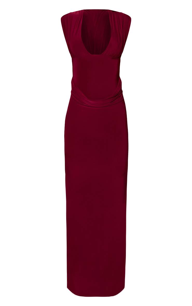 Rouge Vin Robe Longue Drapée À Double Couche Avec Décolleté Plongeant Et Fronces Aux Épaules