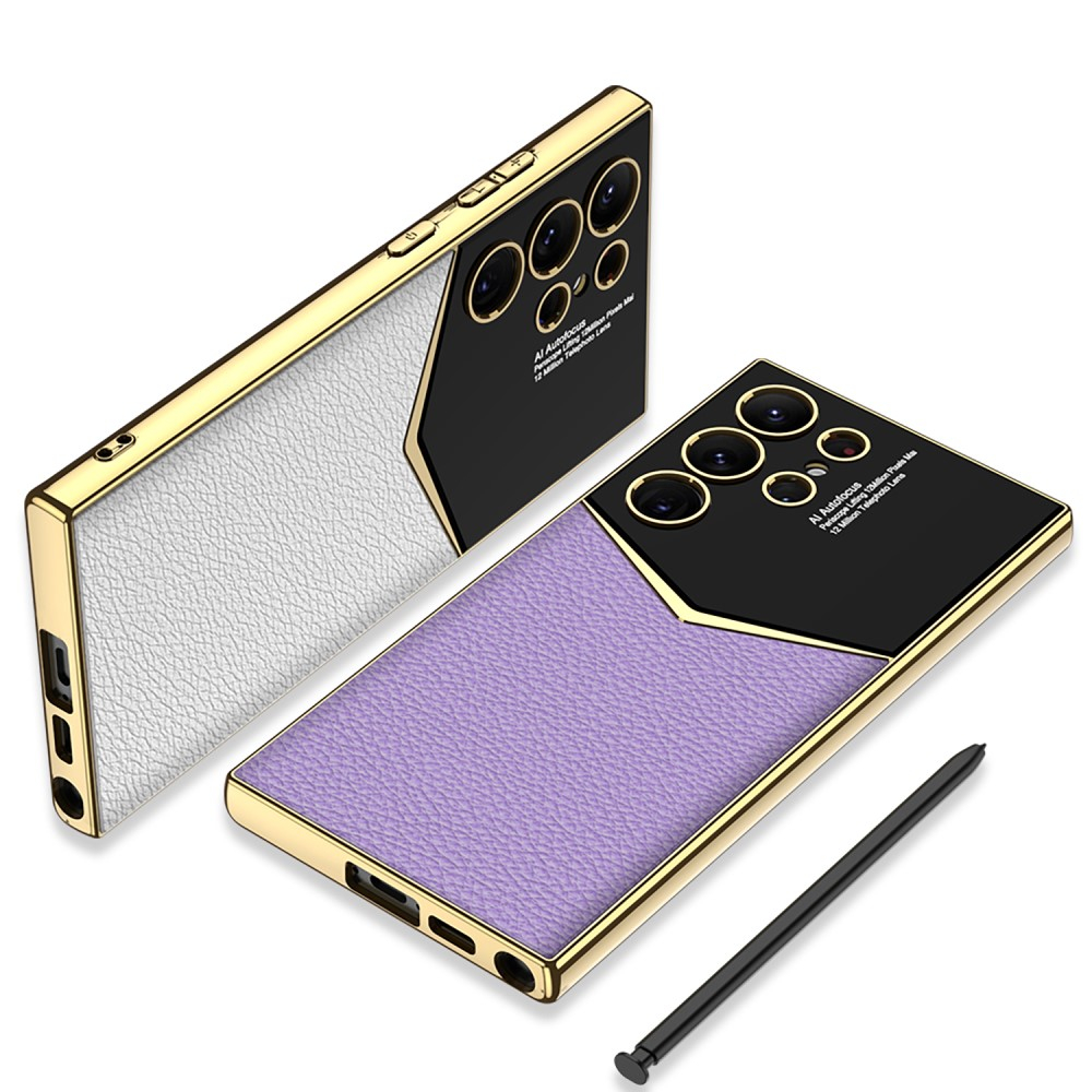 Samsung Galaxy S24 Ultra Leder Hardcase Hülle mit Galvanisiertem Rahmen   Kameraschutz - Gold / Schwarz