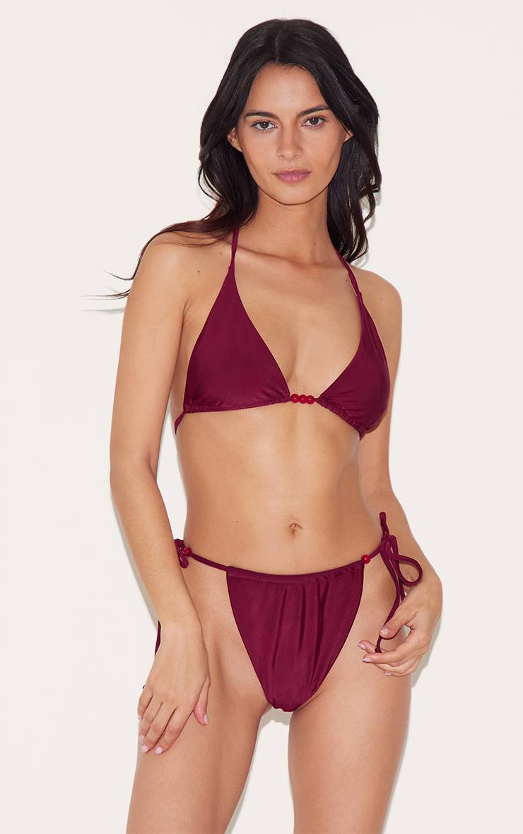 Rouge Bordeaux Bas De Bikini À Nouer Sur Les Côtés Avec Perles