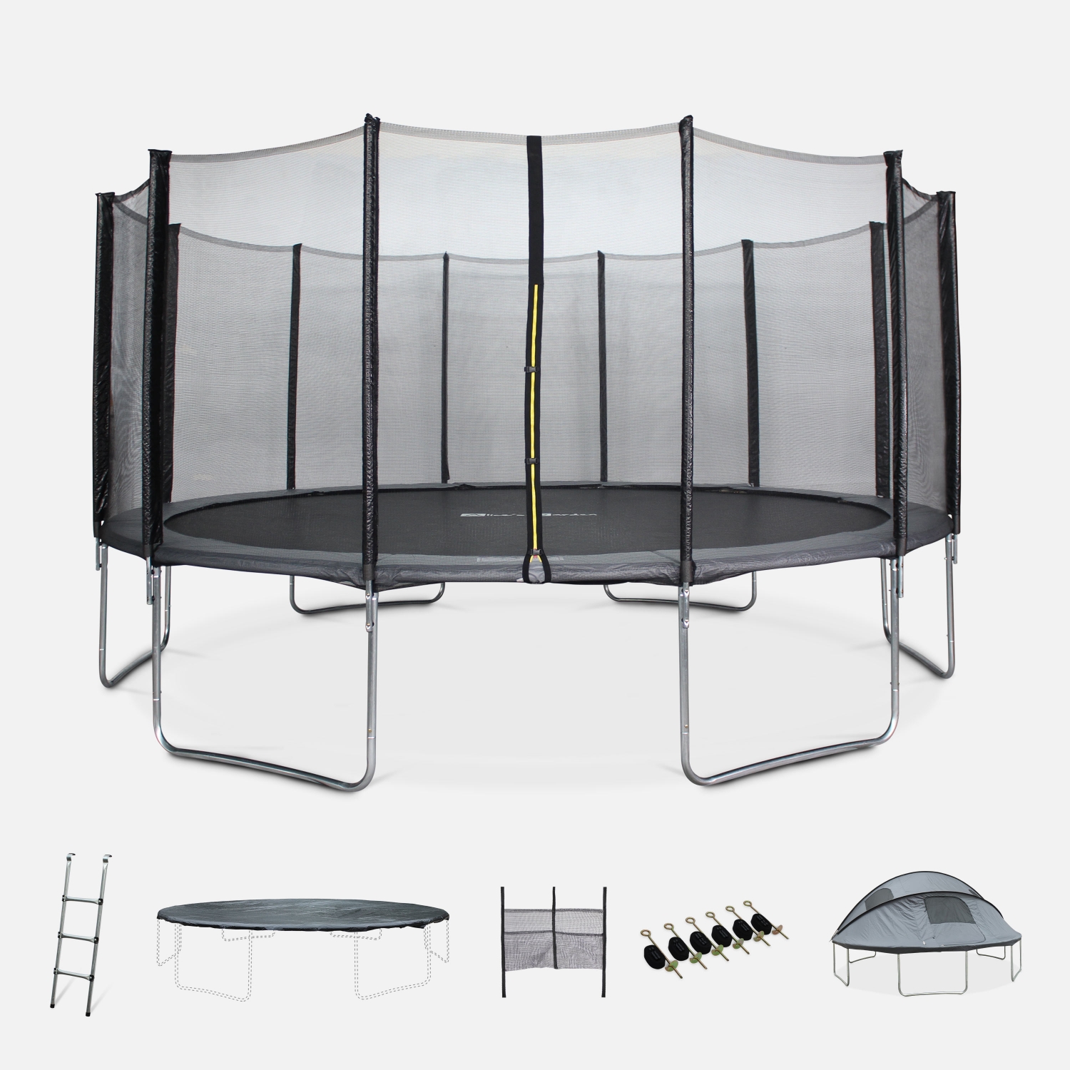 Trampoline 490cm gris avec pack d'accessoires + tente de camping