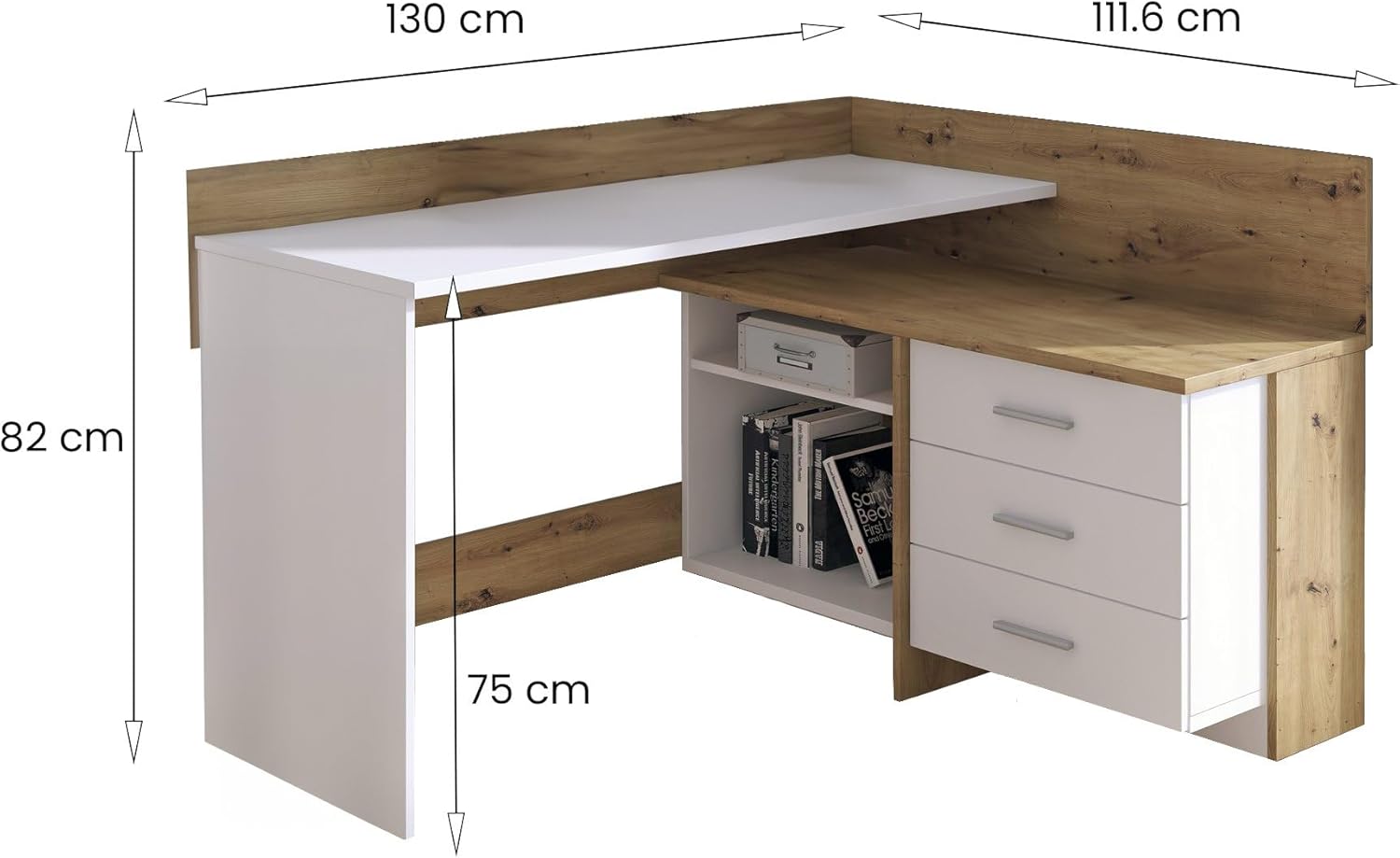 Dmora - Schreibtisch Hudson, Mehrzweckschreibtisch, Bürotisch für PC, Eckschreibtisch, 130x112h82 cm, Weiß und Knoteneiche