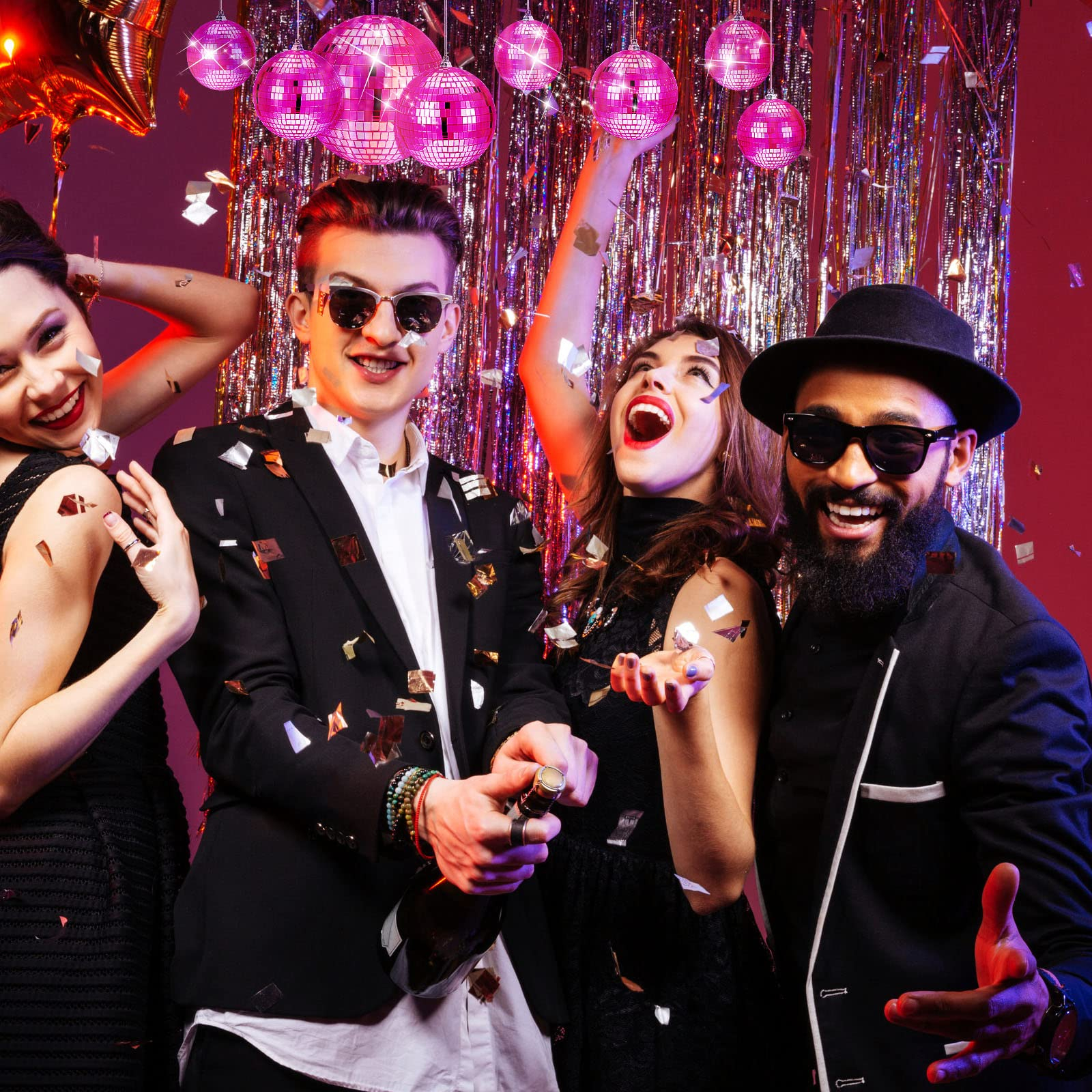 (25er Set) Mini Party Discokugel Aufhänger Spiegelkugel Tisch Deko - Pink
