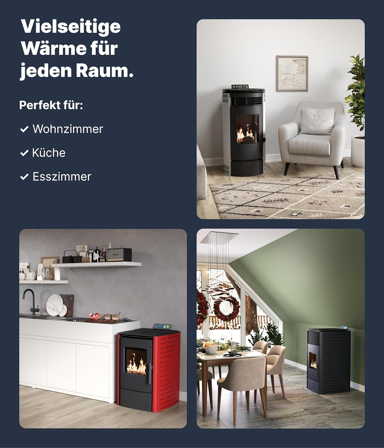 UMBRELLA® PR8 Pelletofen 9kW bis 220m³ – Elektrokamin mit ECO-Modus, Wi-Fi Ready, Wochen-Timer & Überhitzungsthermostat für effizientes Heizen – Schwarz