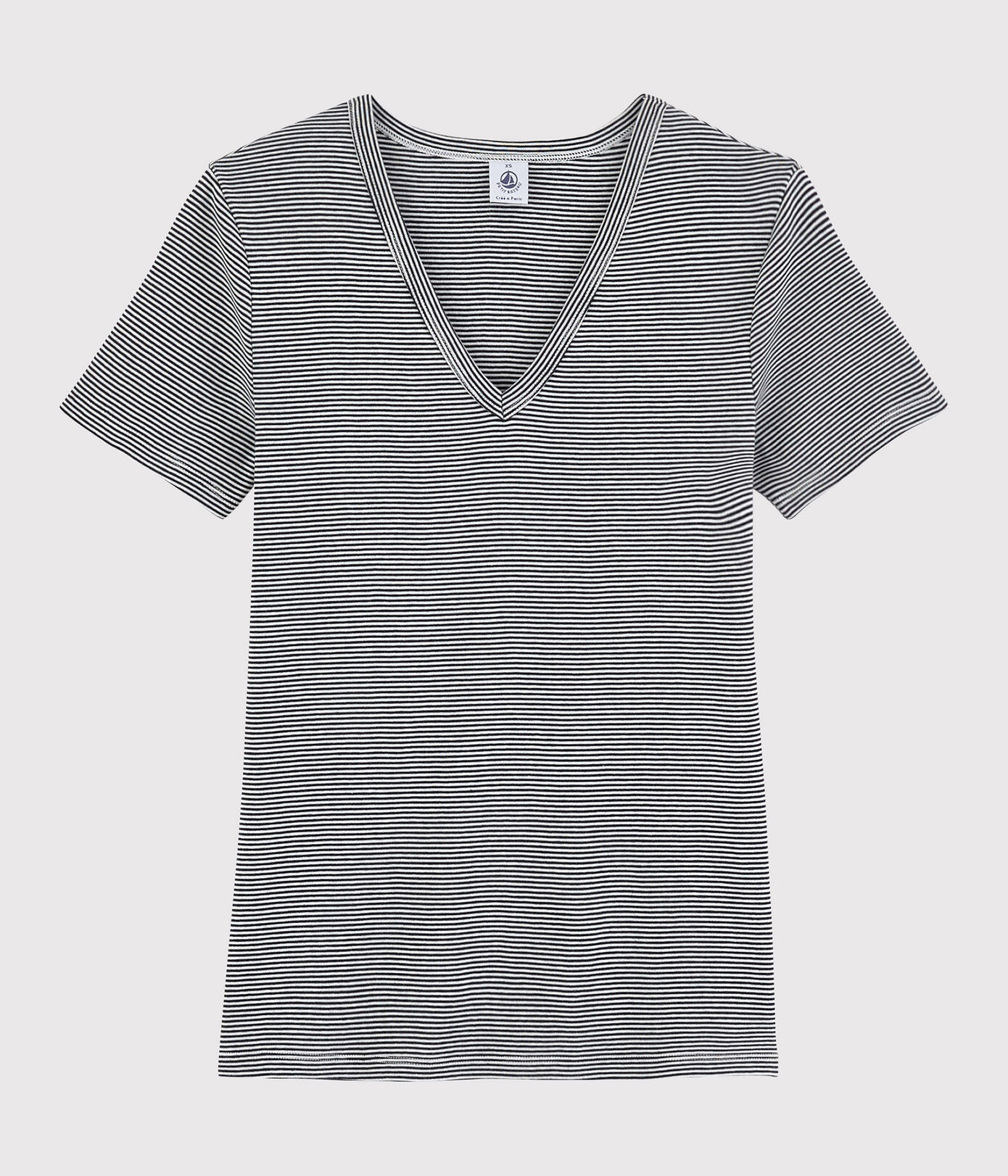 T-shirt col V iconique en coton rayé Femme
