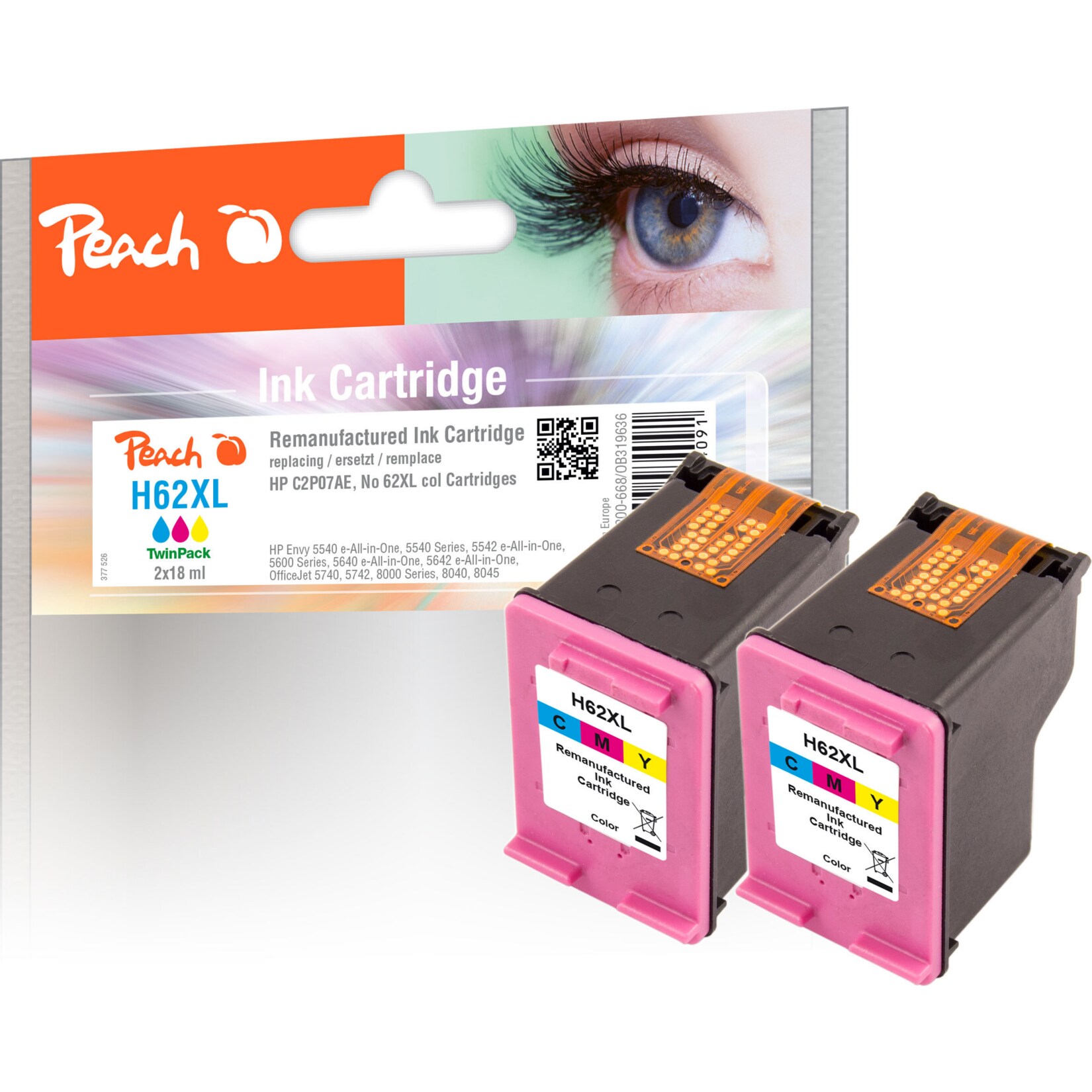 Peach HP 62 XLc 2 Druckköpfe XL 2*col ersetzt HP No. 62XL c*2, C2P07AE*2 für z.B. HP Envy 5646 e-All-in-One, HP Envy 5644 e-All-in-One, HP Envy 5600 (wiederaufbereitet)