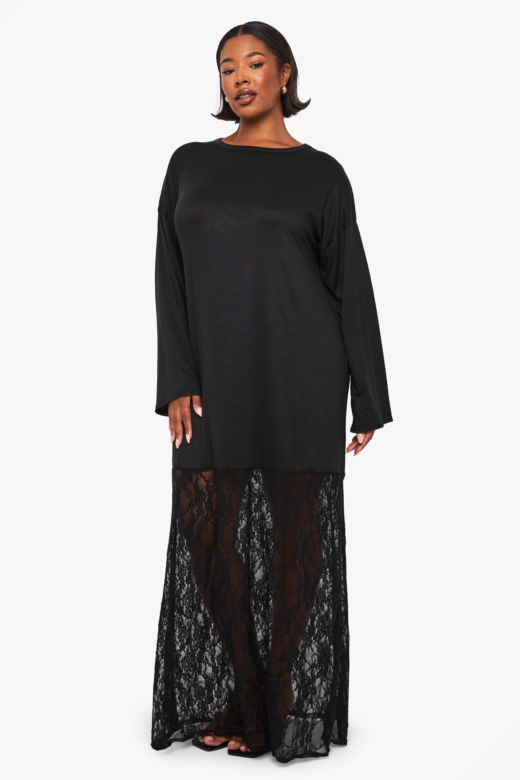 boohoo robe-t-shirt en dentelle à manches longues