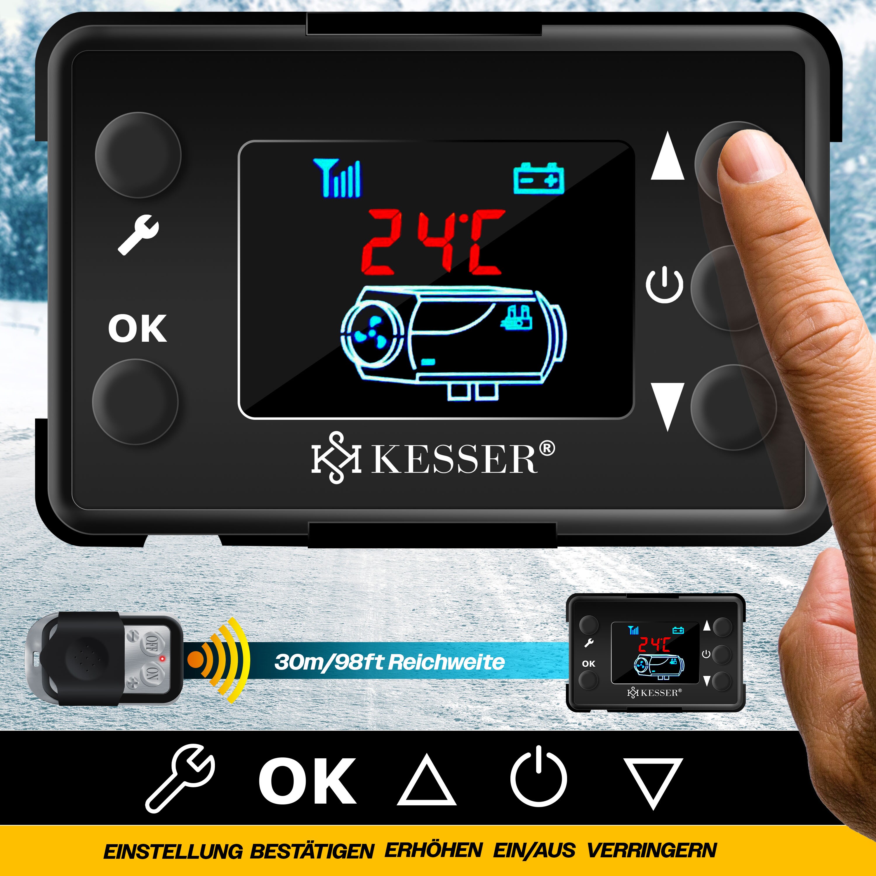 KESSER® Standheizung 5 & 8KW für Diesel | Diesel-Heizung mit LCD-Display und Fernbedienung | Lufterhitzer mit Schalldämpfer für Auto PKW LKW Wohnmobil | Heizung & Timer sowie Thermostat | 12V/24V KFZ