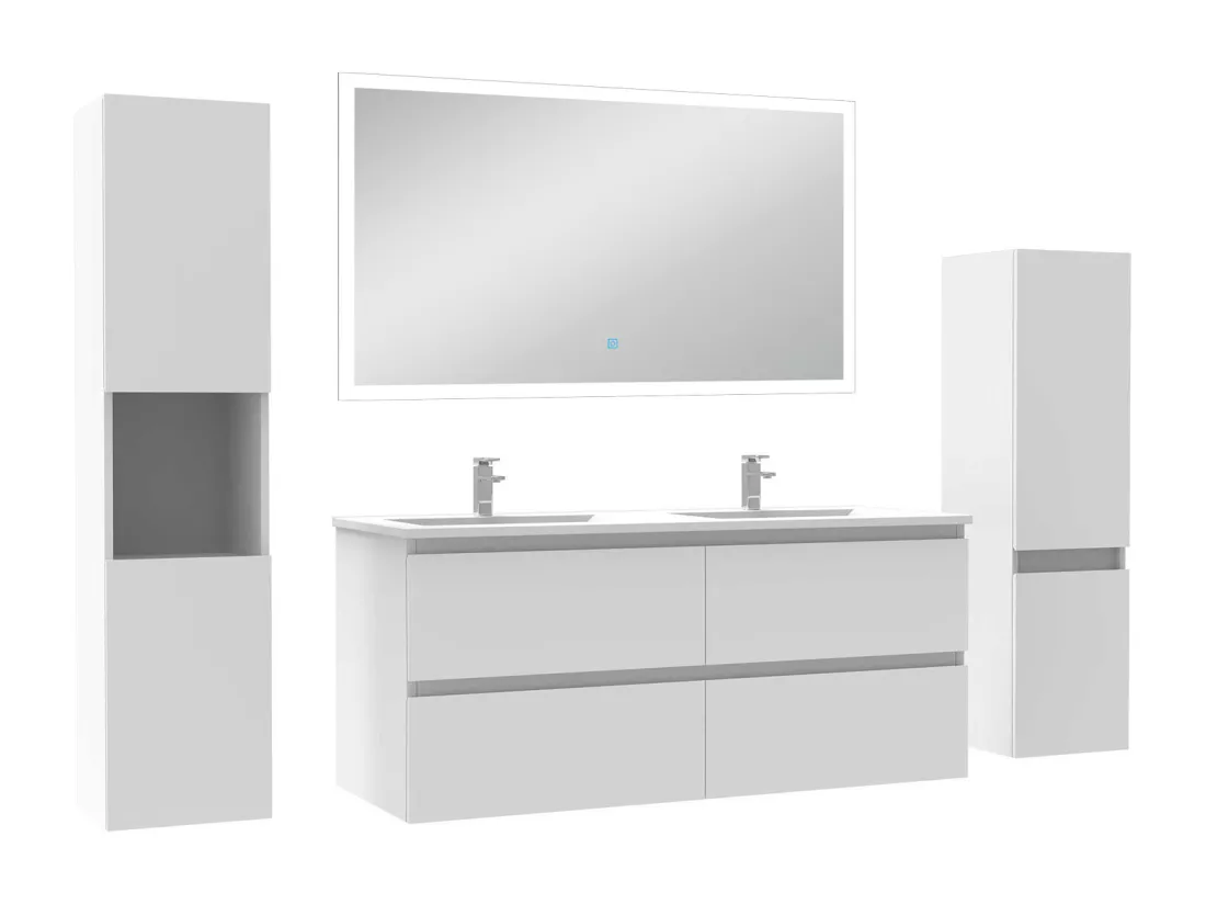 Ensemble meuble Salle de Bain 120cm double vasque avec colonne et miroir lumineux dimmable blanc