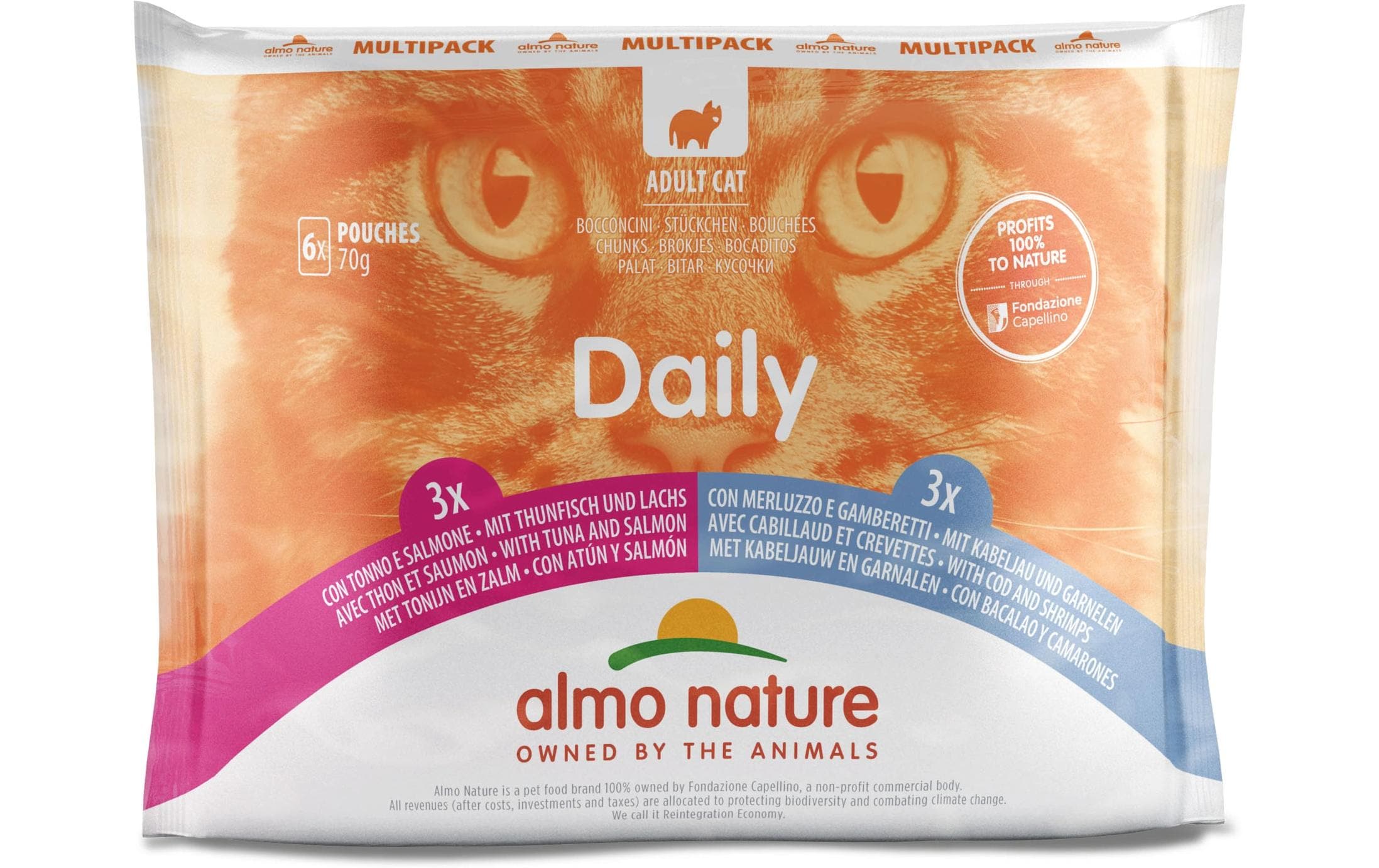 Nassfutter Daily Multipack, Lachs/Kabeljau/Garnelen 6 x 70gAlleinfuttermittel für ausgewachsene Katzen