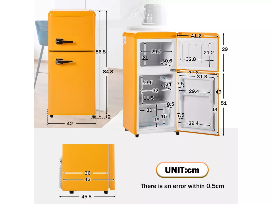 Réfrigérateur Rétro H86x45Lcm - Réfrigérateur Congélateur LED 2 Portes 60L + Congélateur 22L, 163kWh/an, Double Casier à Oeufs et Trois Etagères Intérieures - jaune