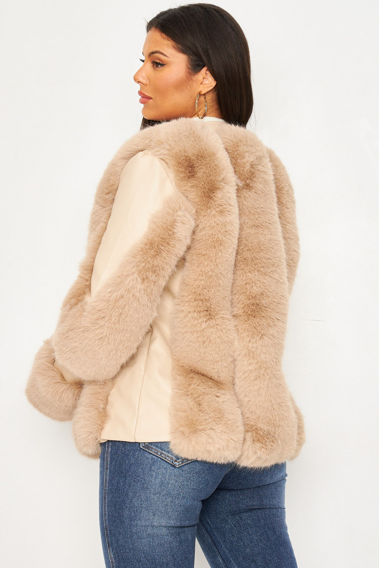 Veste beige simili cuir et fausse fourrure
