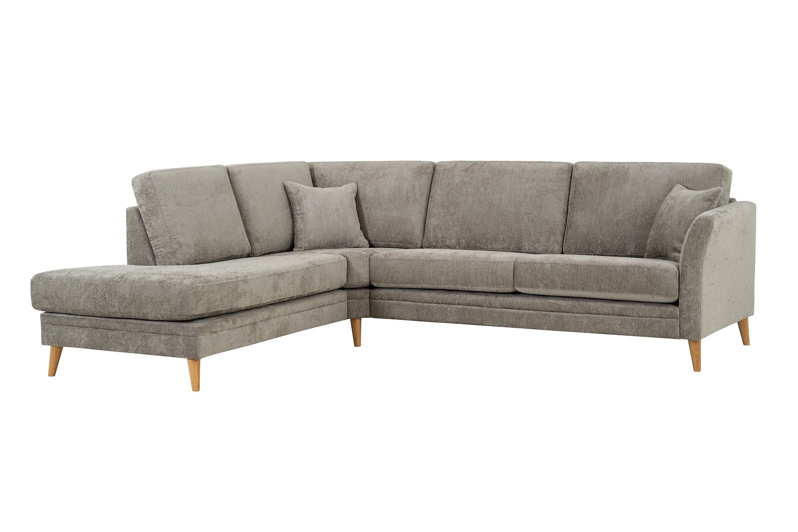 Eden hjørnesofa 2,5-seter med åpen ende venstre. Tekstil Movie 3/3 Warm Grey med ben i eik natur (15137).