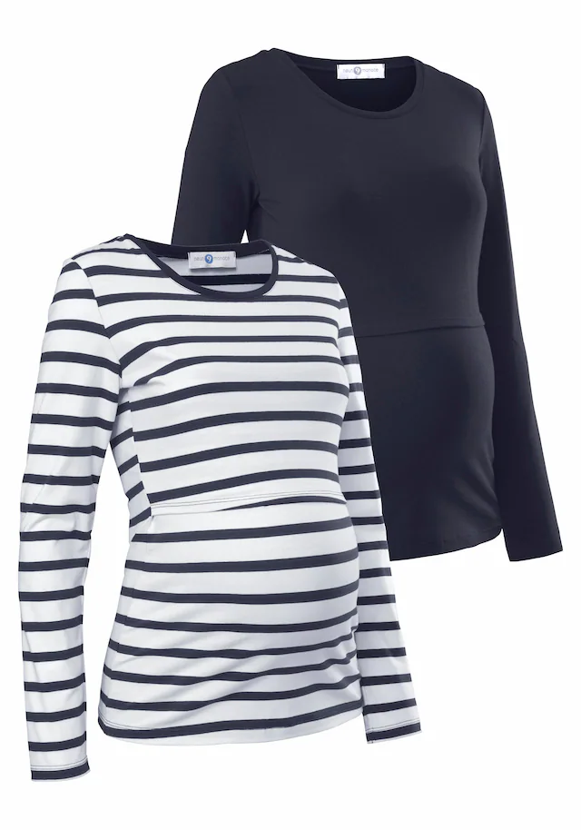 Neun Monate Umstandsshirt », 2er Pack Shirts für Schwangerschaft und Stillzeit« Packung, 2, 2 Stk. Langarm,  figurbetont,  unifarben oder geringelt