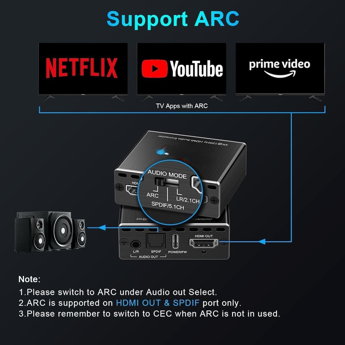 NÖRDIC HDMI 2.1 bryter og avtrekker 8K60Hz 4K120Hz ARC CEC EDID, S/PDIF og AUX avtrekker