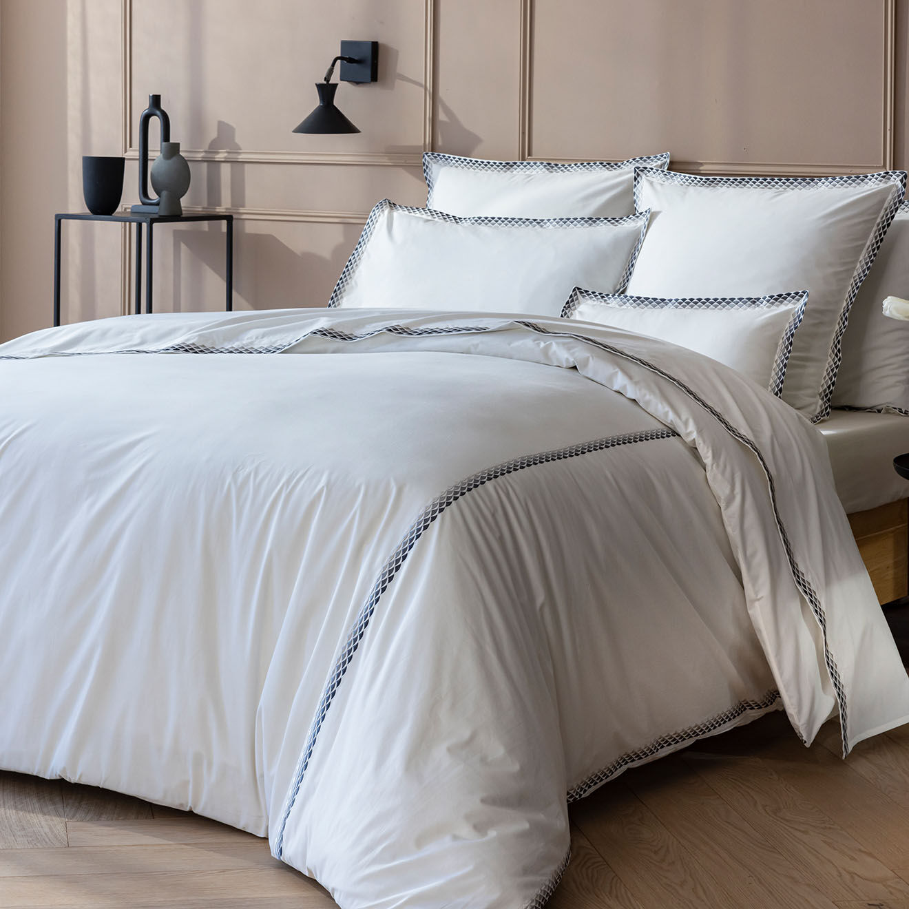 Perle de Coton Parure housse de couette en Percale de Coton Alcott blanc/gris