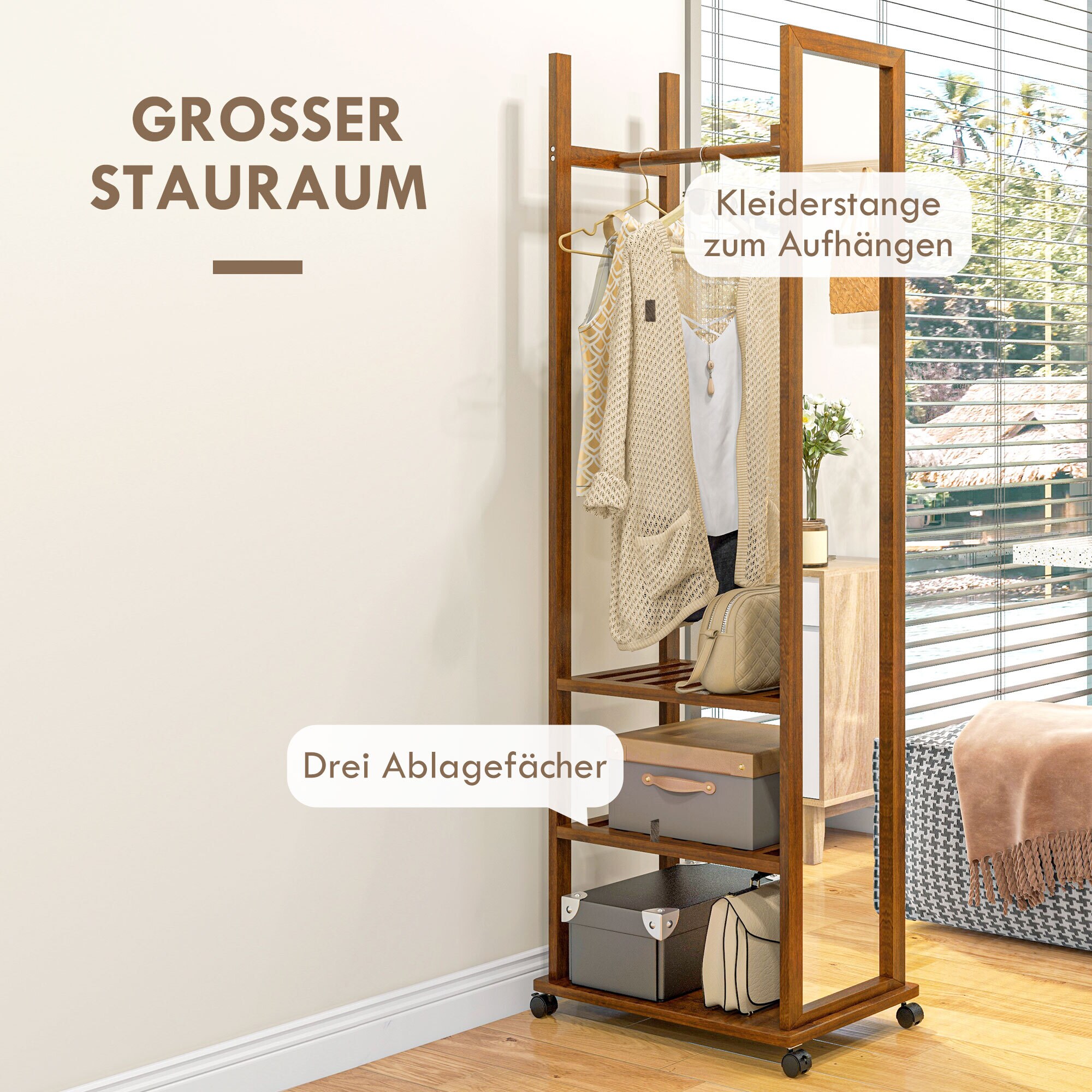 HOMCOM Standspiegel mit Regal und Rollen natur 35,8L x 59,8B x 170H cm