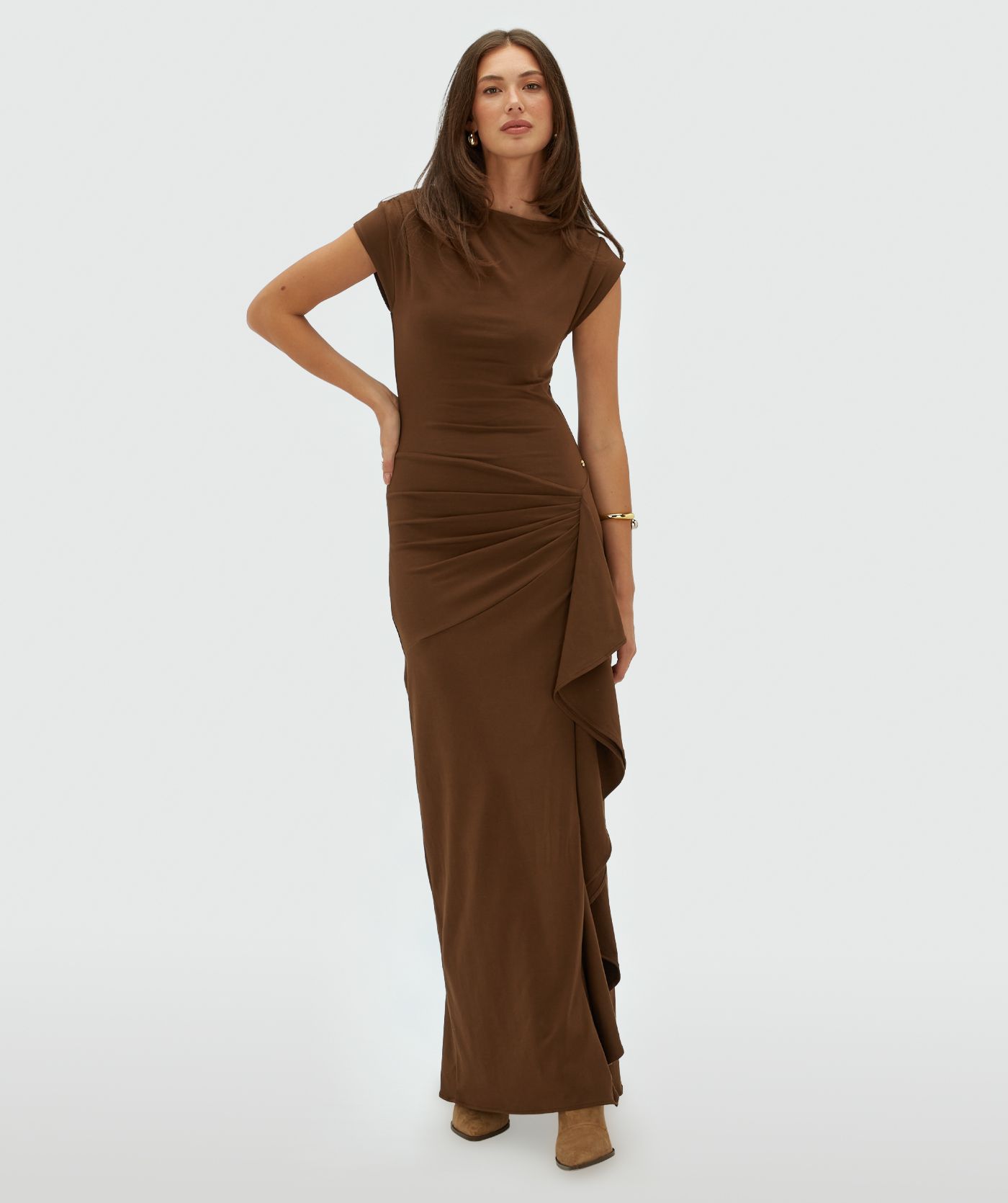 JV-ZYLAS slim fit maxi jurk met ruffles - brown