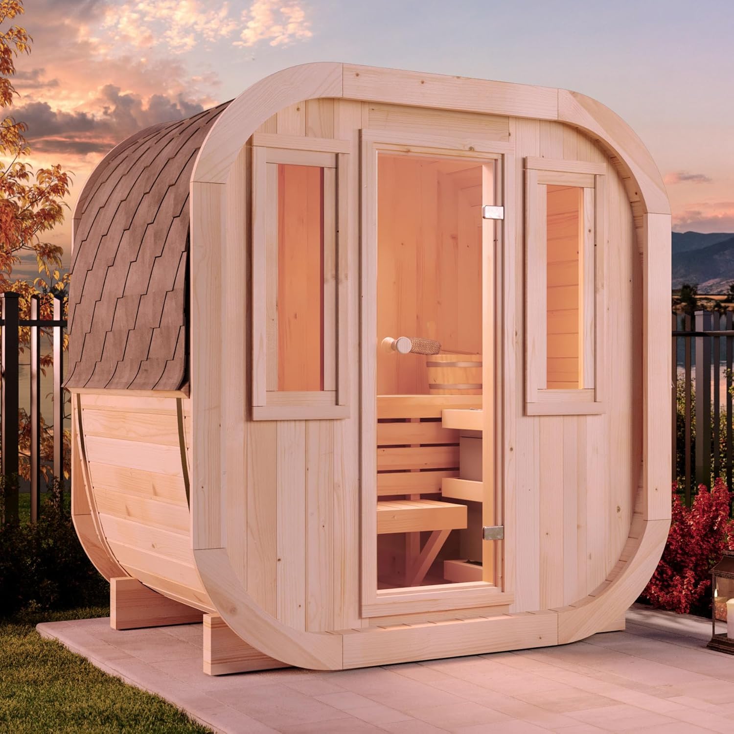 Fasssauna ScandiCube Mini XXS Fasssauna 1 Sitzbänke aus Holz, Sauna mit 42 mm Wandstärke, Außensauna mit Montagematerial