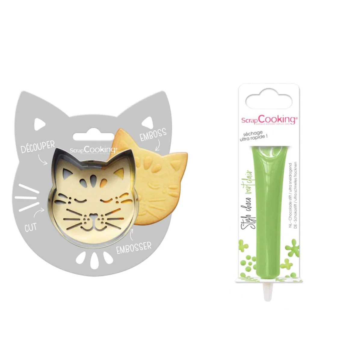 Kit pour biscuit en relief Chat + Stylo au chocolat vert clair Scrapco