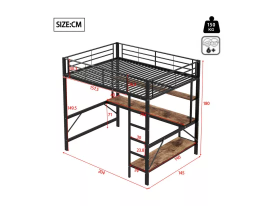 Lit mezzanine 140x200 cm - avec barrières - avec échelle - avec USB et prises - avec lumière LED - avec bureau + étagères à plusieurs niveaux - noir (sans matelas)