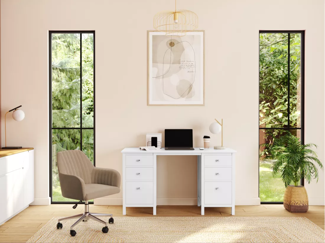 Chaise de bureau - Velours - Beige - Hauteur réglable - ELEANA