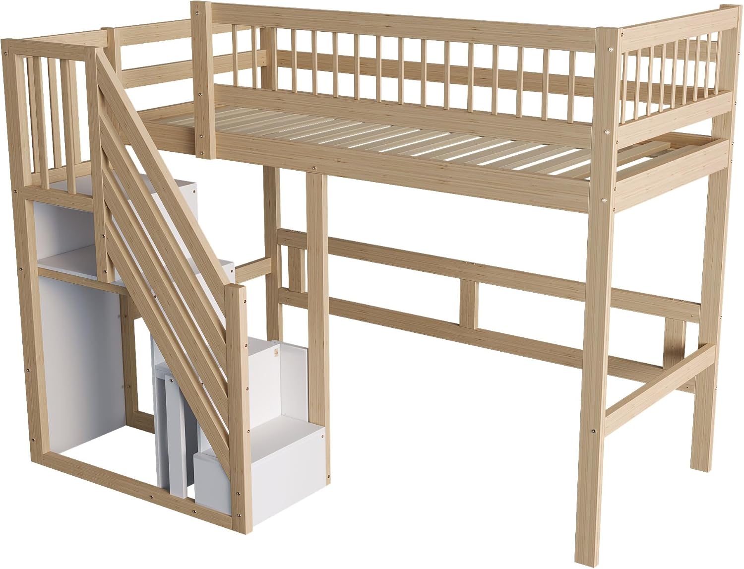 Etagenbett 90x200, Kinderbett Hochbett mit Treppe & Aufbewahrungsschrank, Massivholz Funktionsbett Einzelbett Stockbett Spielbett Kinderhochbett Jugendhochbett mit Lattenrost, Ohne Matratze,Holzfarbe