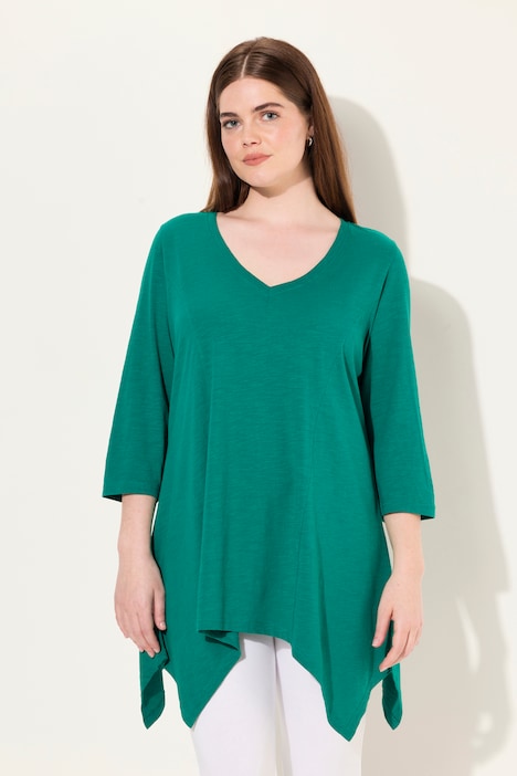 Shirt, Zipfelsaum, V-Ausschnitt, 3/4-Arm, Biobaumwolle